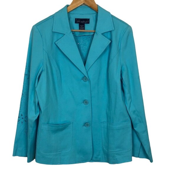 Vtg Y2K Susan Graver Turquoise Embroidered Cotton Blazer Jacket Women’s Medium - Picture 2 of 10